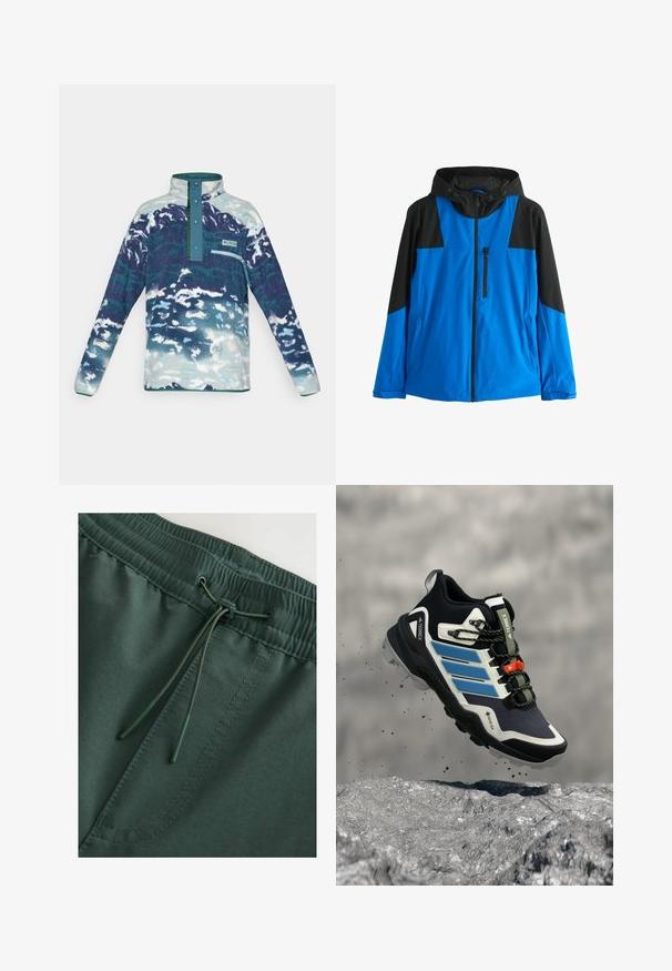 Blå og sort hættetrøjejakke med lynlås foran, lynlåslomme på brystet og to sidelommer, designet til udendørs brug.; Langærmet fleece-pullover med høj krave, trykknapper, brystlomme med lynlås og abstrakt mønster i blå-hvide nuancer.; Mørkegrønne sweat shorts med elastisk talje og snørelukning, glat tekstur og synlige stingdetaljer. Enkel, funktionel design.; Sort og blå Adidas Terrex vandresko med robust sål, der svæver over klippefyldt terræn med jord, der flyver rundt.