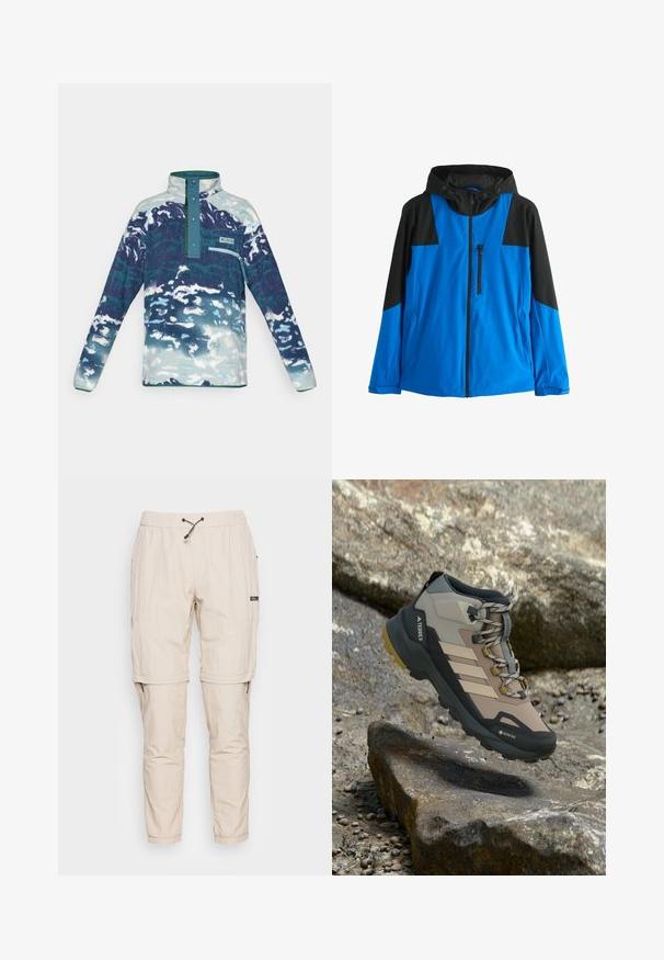 Blauw-zwart gewatteerd jack met capuchon, voorzien van een ritssluiting aan de voorkant, een ritssluiting op de borst en twee zijzakken, ontworpen voor buitenactiviteiten.; Fleece pullover met lange mouwen en hoge kraag, drukknoopjes, borstzak met ritssluiting, en een blauw-wit abstract patroon.; Beige, lichte joggingsbroek van gladde stof, met een elastische tailleband, een verstelbaar trekkoord en ritszakken aan de zijkant.; Beige en zwarte wandelschoen met Gore-Tex, Terrex branding en een robuust zool, hangend boven rotsachtig terrein.