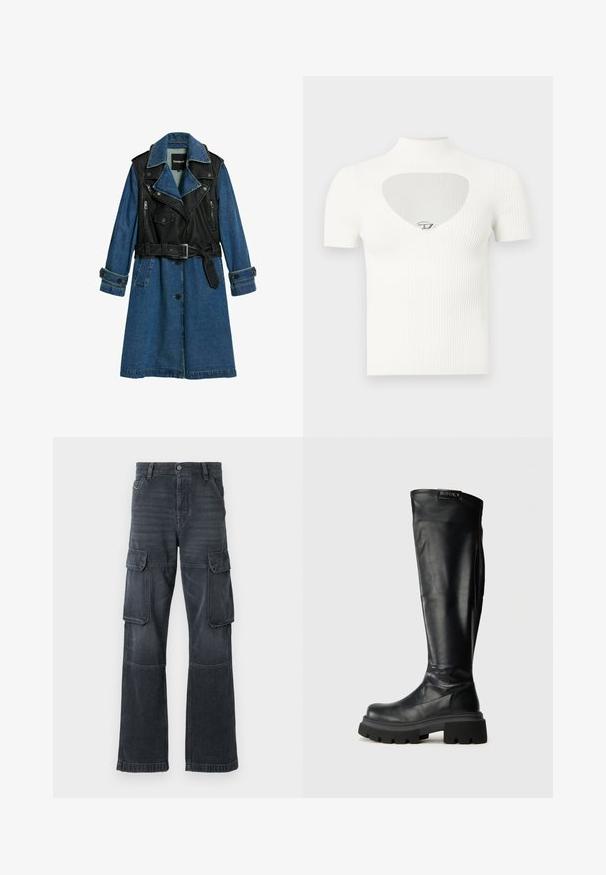 Dame frakke i denim og læder med en sort overdel og blå denimærmer. Den har en bæltevidde, lynlåse og en klippet krave.; Hvid ribbet top med korte ærmer, høj krave og hjerteformet udskæring på brystet med en sølvfarvet detalje i midten.; Mørkegrå cargo bukser lavet af denim, med to sidelommer og en bred ben design. Syede detaljer langs sømme og kanter.; Sorte knæhøje støvler lavet af glat læder, med en kraftig gummisål og et logo-patch på toppen. Slank design med minimale detaljer.