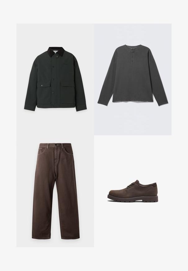 Donkergroene jas met zwarte kraag, voorzijde met drukknoopsluiting en twee klepzakken met drukknoopsluiting aan de ondervoorzijde.; Donkergrijs henley-shirt met lange mouwen, een ronde halslijn en drie knopen op de voorklep.; Bruine wijde broek van katoen, met een klassiek vijf-pocketdesign, een ritsgulp en zichtbare stikseldetails.; Bruine leren schoenen met een ronde neus en vetersluiting. Voorzien van een gestructureerd oppervlak en een rubberen zool met hoge grip. Subtiel logo aan de zijkant.