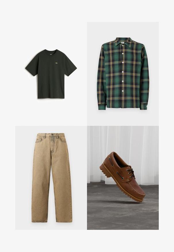 Camisa de franela verde con patrón de cuadros en negro y amarillo, de manga larga, con cuello y cierre frontal de botones. Presenta botones blancos y una etiqueta.; Vans Camiseta básica - dark green; Jeans de mezclilla color beige con un diseño de pierna recta, que cuentan con cierre de cremallera, trabillas para el cinturón y costuras en contraste. Sin patrones destacados ni detalles de herrajes.; Zapato náutico de cuero marrón con cordones negros, costuras beige y una suela resistente, suspendido sobre un suelo de hormigón gris.