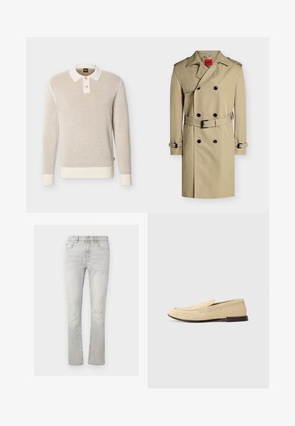 Trench-coat beige croisé avec boutons noirs, épaulettes, ceinture à la taille et aux poignets, présenté sur fond blanc.; Pull polo beige en maille texturée à manches longues avec col blanc, deux boutons, poignets et ourlet côtelés.; Jean slim gris clair avec usure aux deux genoux, cinq poches, fermeture par bouton et zip.; The Antipode Chaussons - cream