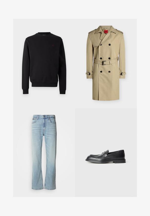 Μπεζ διπλόμπερτο παλτό trench coat με μαύρα κουμπιά, επωμίδες στους ώμους, ζώνη στη μέση και μανσέτες, εμφανίζεται σε λευκό φόντο.; Μαύρο βαμβακερό φούτερ με στρογγυλή λαιμόκοψη, ριμπ μανσέτες και τελείωμα. Διαθέτει μικρό κόκκινο λογότυπο στο στήθος. Λεία υφή, μινιμαλιστικός σχεδιασμός.; Ανοιχτό μπλε τζιν παντελόνι με ίσια γραμμή, που διαθέτει πέντε τσέπες, κλείσιμο με κουμπί και διακριτική φθορά στο ύφασμα.; Μαύρα δερμάτινα μοκασίνια με υφή, με διακοσμητικό λουράκι στο μπροστινό μέρος και στρογγυλεμένη μύτη. Εξωτερική σόλα από καουτσούκ για ανθεκτικότητα.