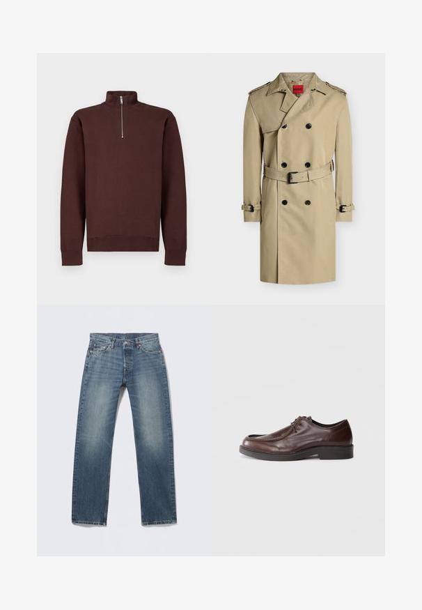 Μπεζ διπλόμπερτο παλτό trench coat με μαύρα κουμπιά, επωμίδες στους ώμους, ζώνη στη μέση και μανσέτες, εμφανίζεται σε λευκό φόντο.; Καφέ φούτερ με φερμουάρ στη λαιμόκοψη και μακριά μανίκια, κατασκευασμένο από απαλό ύφασμα, με διακριτικό λογότυπο στο στήθος και ριμπ τελειώματα στα μανίκια και στη βάση.; Τζιν παντελόνια από μπλε denim, σχεδίασης με ίσια γραμμή, μεσαίο πλύσιμο με ξεθωριασμένες περιοχές, πέντε τσέπες, χαλκομανίες και λεπτομέρειες με αντίθετη ραφή.; Καφέ δερμάτινο παπούτσι με στρογγυλή μύτη, ελάχιστες ραφές και ανθεκτική μαύρη σόλα. Διαθέτει κούμπωμα με κορδόνια και λεία υφή.