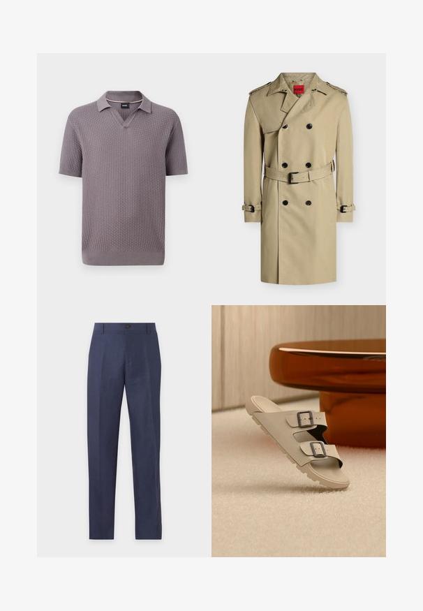 Trench-coat beige croisé avec boutons noirs, épaulettes, ceinture à la taille et aux poignets, présenté sur fond blanc.; Polo en maille mauve à manches courtes avec motif gaufré texturé, col ouvert, poignets et ourlet côtelés, avec une petite étiquette noire à l’intérieur du col.; Pantalon de costume bleu marine ajusté avec passants de ceinture, fermeture par bouton et jambes fines et droites.; Sandale beige avec deux boucles noires en équilibre sur un sol blanc texturé, devant une table ronde et brillante couleur ambre, dans une pièce minimaliste.