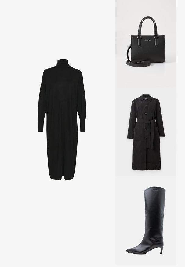 Čierny dlhý trench coat s opaskom a gombíkovým zapínaním, dvoma veľkými prednými vreckami a jedným vreckom na hrudi.; Čierne pletené šaty s vysokým golierom, dlhými rukávmi a voľným strihom. Hladká textúra s dĺžkou po polovicu lýtok, bez viditeľných vzorov alebo akcentov.; Čierna kožená čižma po kolená so špičatou špičkou a štíhlym, vysokým podpätkom. Hladká textúra s minimálnym množstvom kovania a logom značky blízko vrchu.; Čierna kožená kabelka s textúrou, s krátkymi rúčkami a odnímateľným ramenným popruhom. Na prednej strane sa nachádza strieborné logo "LACOSTE".
