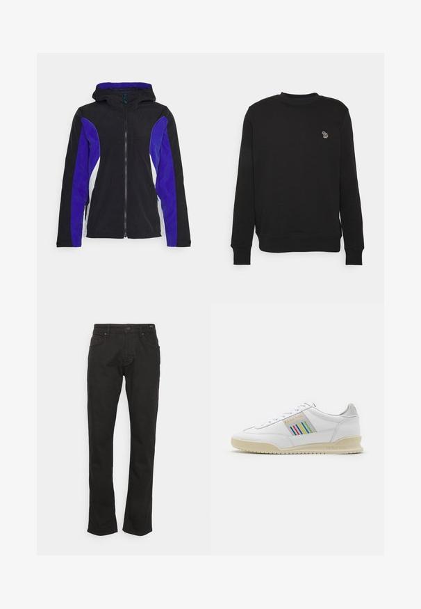 Zwarte jas met paarse en witte zijpanelen, ritssluiting aan de voorkant en capuchon. Gemaakt van zachte, lichte stof, met minimaal ontwerpdetails.; Zwarte sweatshirt van katoenmix, met een geribbelde ronde hals, lange mouwen en een geborduurd olifantenlogo op de borst.; JOOP! Jeans MITCH - Straight leg jeans - black; Witte leren sneaker met een crèmewitte zool, meerkleurige strepenaccenten aan de zijkant en 'PS Paul Smith' merknaam in het goud.