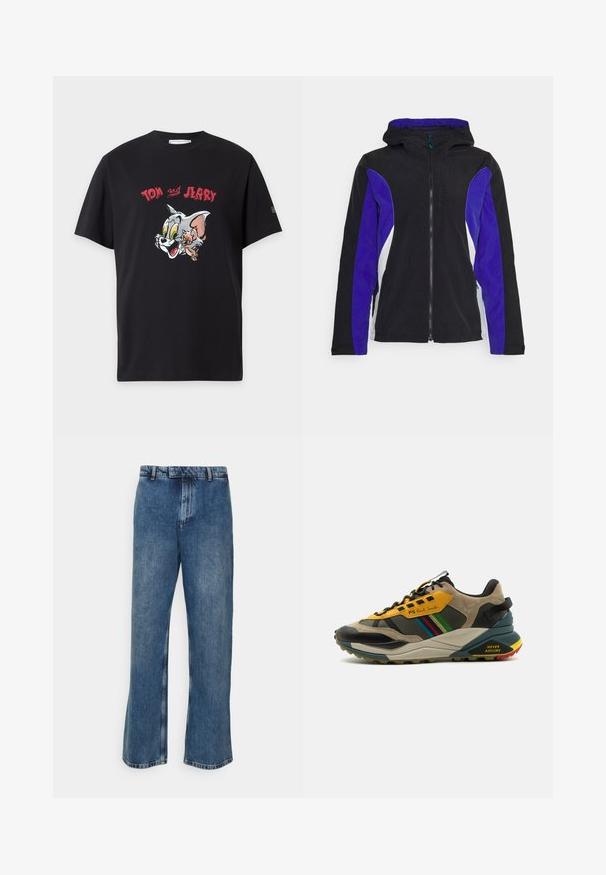 Sort jakke med lilla og hvide sidelister, lynlås foran og hætte. Lavet af glat, let stof og med minimale designdetaljer.; Sort T-shirt med korte ærmer med farverige Tom og Jerry tegneserieansigter og rød tekst "Tom Jerry" over figurerne.; The Kooples PANTALON SEUL - Jeans Relaxed Fit - blue denim; Multifarvede sneakers med en blanding af suede og mesh-materialer, i en gul og sort farveskema, strukturerede såler og sideaccenter.