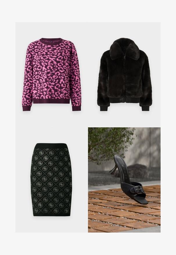 Sort bomberjakke i imiteret pels med lynlås foran, stor krave, ribstrikkede manchetter og linning. Blød tekstur og kort design.; Lilla sweater med et pink leopardprintmønster, rund halsudskæring og ribbede manchetter. Fremstillet af blødt strikket stof med en afslappet pasform.; Sort strikket nederdel med diamantmønster og metaliske detaljer samt en ribbet linning. Elegant logo indlejret i designet.; Sort højhælet mule med spænde detalje, "GUESS" logo på indersålen, svæver over trægulv udendørs med sløret grønt baggrund.