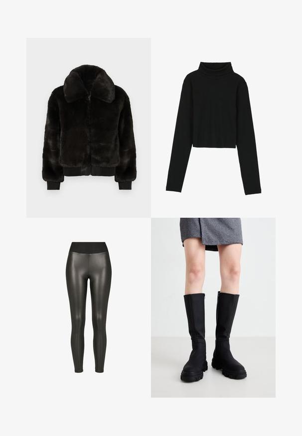 Sort bomberjakke i imiteret pels med lynlås foran, stor krave, ribstrikkede manchetter og linning. Blød tekstur og kort design.; Even&Odd by Zalando Langærmet T-shirt - black; Sorte højtaljede leggings i kunstlæder med en glat, skinnende finish og ankellængde på en hvid baggrund.; Sorte knæhøje støvler med en glat overflade, kraftige såler og en diskret lynlås på siden. Stilfuldt parret med en grå herringbone nederdel.