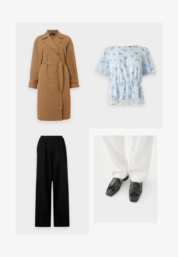 Bruine trenchcoat van stof, met een dubbelknoop ontwerp, ingezette kraag, zijzakken en een riem die op de taille is gestrikt.; Lichtblauwe blouse met korte mouwen van doorschijnende stof, elastische taille en geborduurde kleine blauwe bloemen verspreid over het materiaal.; Zwarte wijde broek met hoge taille, voorzien van voorplooien en een gladde, gestructureerde stof. Geen zichtbare zakken of versieringen.; Zwarte leren loafers met kwastjes, voorzien van vierkante neuzen en decoratieve stiksels, gecombineerd met witte wijde broekspijpen.