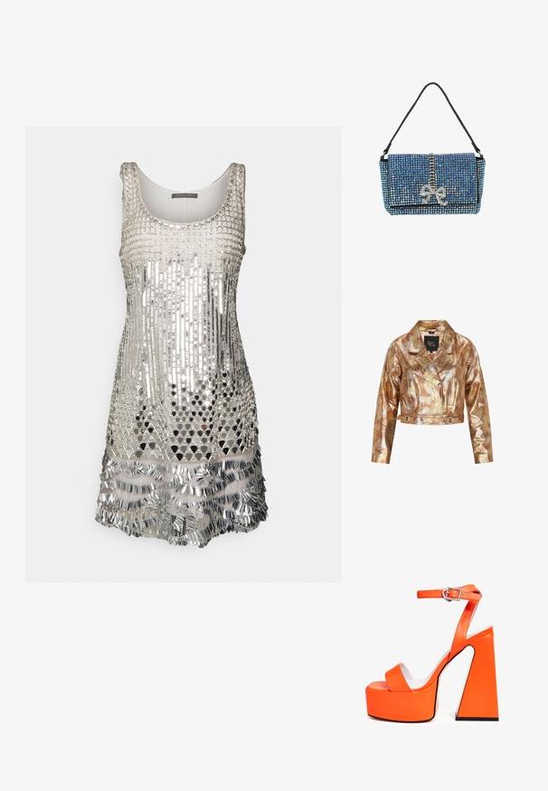 Kort metallisk gul jakke med slangeskindtekstur, lange ærmer, bred krave og justerbart bælte med sølvspænder i taljen.; Alberta Ferretti Gallakjole - grey; Orange platform sandaler med en firkantet hæl, en bred rem over tæerne og en spænde ankelrem. Glat, blank finish.; Blå krystalklædt håndtaske med sort rem, der har en central sølvfarvet rhinsten lodret stribe og en sløjfeformet pynt på frontklappen.