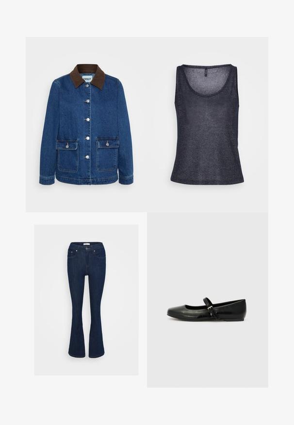 Chaqueta de denim en azul oscuro con un cuello de pana marrón, botones de presión plateados y dos bolsillos frontales. Diseño clásico y estructurado.; Top sin mangas de color azul marino, hecho de un tejido ligero y texturizado, con un escote redondo y un corte general relajado. No se mencionan detalles de diseño adicionales.; Pantalones vaqueros acampanados de mezclilla azul oscura con un diseño clásico de cinco bolsillos, cierre de botón metálico y detalles de costura en los bolsillos.; Bailarinas de cuero negro con punta redondeada, suela plana y una delgada correa ajustable en el empeine que cuenta con una hebilla de metal.