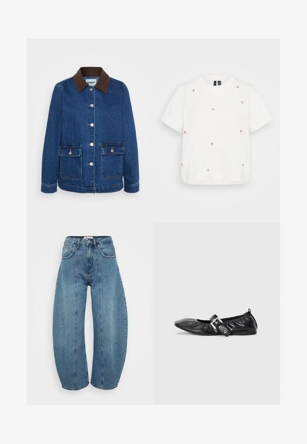 Chaqueta de denim en azul oscuro con un cuello de pana marrón, botones de presión plateados y dos bolsillos frontales. Diseño clásico y estructurado.; Camiseta de algodón blanca con mangas cortas, adornada con múltiples fresitas bordadas en rosa y verde. Corte relajado, cuello redondo.; Vaqueros de tiro alto en azul claro, fabricados en denim, con corte de pata ancha, cinco bolsillos y detalles de costura. Textura suave con un acabado limpio.; Zapato plano de piel negra con puntera afilada, detalle fruncido alrededor de la abertura y un acento de hebilla plateada en la correa ajustable.