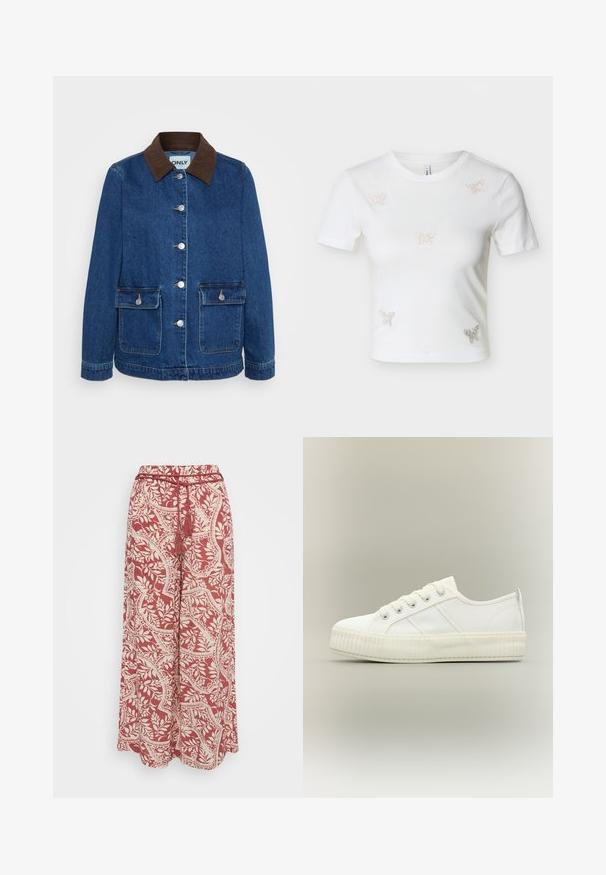Chaqueta de denim en azul oscuro con un cuello de pana marrón, botones de presión plateados y dos bolsillos frontales. Diseño clásico y estructurado.; Camiseta blanca corta de manga corta con cinco pequeños adornos de mariposas de pedrería en el frente.; Vero Moda Petite VMBALI WIDE PANTS - Pantalones - marsala; Zapatilla deportiva blanca de caña baja con suela gruesa acanalada, cordones delanteros y tira para tirar en el talón sobre un fondo neutro.