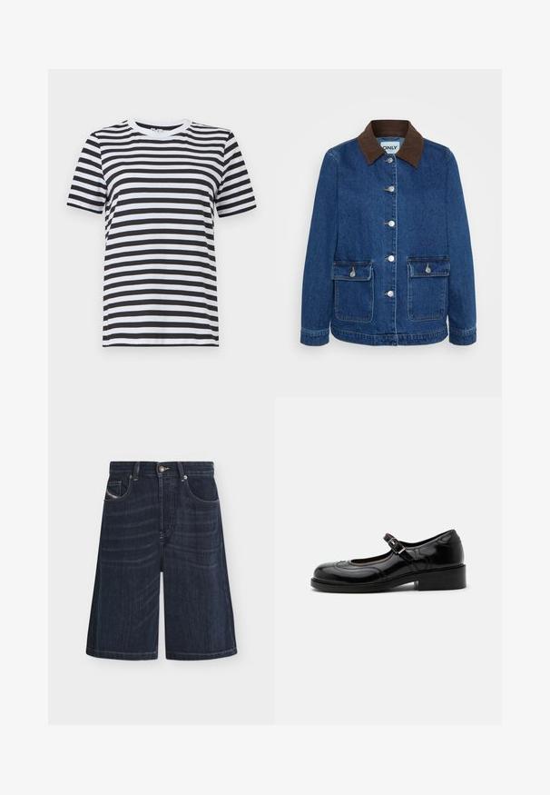 Chaqueta de denim en azul oscuro con un cuello de pana marrón, botones de presión plateados y dos bolsillos frontales. Diseño clásico y estructurado.; Camiseta de rayas negras y blancas hecha de algodón suave, con cuello redondo y mangas cortas, con rayas horizontales uniformemente espaciadas.; Pantalones cortos de denim azul oscuro con bolsillos delanteros, trabillas para cinturón, cierre de botón y detalles de costura visibles.; Zapato Mary Jane de charol negro con tacón bajo de bloque y correa con hebilla plateada, mostrado en perfil lateral sobre fondo blanco.