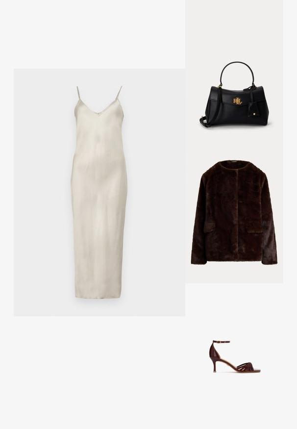 Veste en fausse fourrure marron foncé à manches longues, col rond et deux poches avant à rabat sur un fond clair uni.; Robe nuisette en satin de couleur beige clair, avec de fines bretelles réglables, un décolleté en V et une silhouette droite longueur sol avec une texture lisse.; Sandale en cuir marron avec lanières, talon kitten de hauteur moyenne, bride à la cheville avec boucle dorée, bout ouvert et design avant tissé.; Sac à main en cuir noir avec logo RL doré, une seule poignée supérieure, bandoulière détachable et étiquette en cuir attachée sur fond clair.
