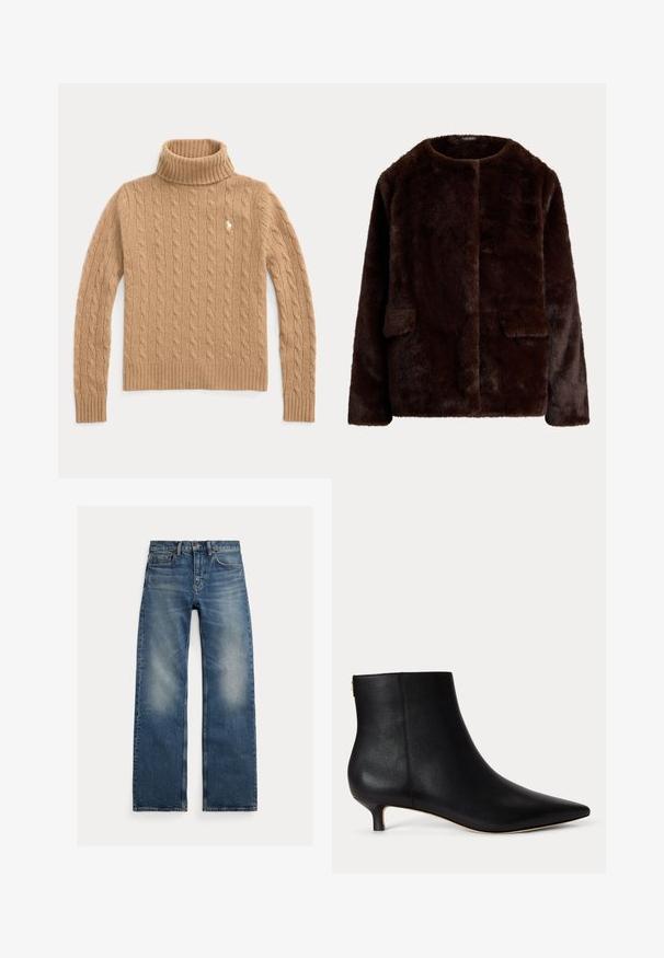 Dunkelbraune Kunstpelzjacke mit langen Ärmeln, rundem Ausschnitt und zwei vorderen Klappentaschen auf schlichtem hellem Hintergrund.; Kamelfarbener, kabelgestrickter Rollkragenpullover mit langen Ärmeln und gerippten Bündchen, mit kleinem besticktem Logo auf der Brust.; Blaue Jeans mit geradem Bein, ausgewaschenen Bereichen an den Oberschenkeln, Fünf-Taschen-Design und Knopfverschluss, flach auf weißem Hintergrund.; Schwarzer Lederknöchelstiefel mit spitzer Zehenpartie und niedrigem Kittenabsatz vor schlichtem hellgrauem Hintergrund.