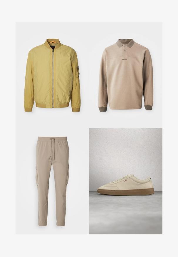 Chaqueta bomber amarilla con cierre de cremallera, cuello y puños acanalados, bolsillos laterales y un bolsillo adicional en la manga. Textura suave.; Camisa polo beige hecha de un tejido suave, con un cuello y puños acanalados, dos botones y un logo sutil en la parte delantera.; Pantalones cargo beige con cintura elástica y cordón. Presenta bolsillos laterales y un diseño de pierna ajustada, fabricados en tela ligera.; Zapatilla de ante beige claro con suela de goma color caramelo, cordones prominentes y detalles de costura sutiles. Diseño limpio con una estética minimalista.