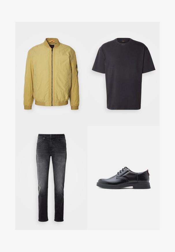 Veste aviateur jaune avec fermeture éclair, col et poignets côtelés, poches latérales et une poche supplémentaire sur la manche. Texture lisse.; T-shirt noir à manches courtes en coton, avec un col rond et un logo discret au niveau du col. Texture lisse avec une coupe décontractée.; Jeans en denim noir avec une coupe droite. Comprend une fermeture à bouton et à zip, cinq poches et un léger délavage sur le tissu.; Chaussures en cuir noir à lacets avec une texture lisse, un bout arrondi et des détails de couture discrets. Présentent une languette rouge à l'arrière.