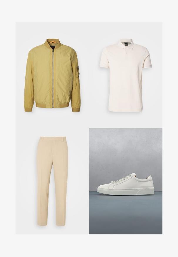Veste aviateur jaune avec fermeture éclair, col et poignets côtelés, poches latérales et une poche supplémentaire sur la manche. Texture lisse.; Polo en couleur crème, fabriqué en tissu lisse, avec un col classique, deux boutons et des détails de logo subtils sur la poitrine.; Pantalons beige ajustés avec une coupe droite, fabriqués en tissu léger, dotés de deux poches avant et de plis bien repassés.; Baskets en cuir blanc avec un bout arrondi, design minimaliste, lacets gris et semelle en caoutchouc gris texturé. Détails de couture subtils visibles.