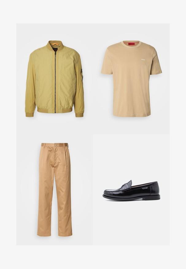 Chaqueta bomber amarilla con cierre de cremallera, cuello y puños acanalados, bolsillos laterales y un bolsillo adicional en la manga. Textura suave.; Camiseta de algodón beige con cuello redondo, mangas cortas y un pequeño logo blanco "HUGO" en el pecho. Textura suave sin patrones.; Pantalones caqui, mezcla de algodón, diseño de pierna recta, con pliegues delanteros, trabillas para cinturón y cierre de botón. Textura suave sin patrones.; Mocasines de cuero negro con acabado brillante, que presentan un diseño cosido en la puntera y una suela baja de goma negra texturizada.