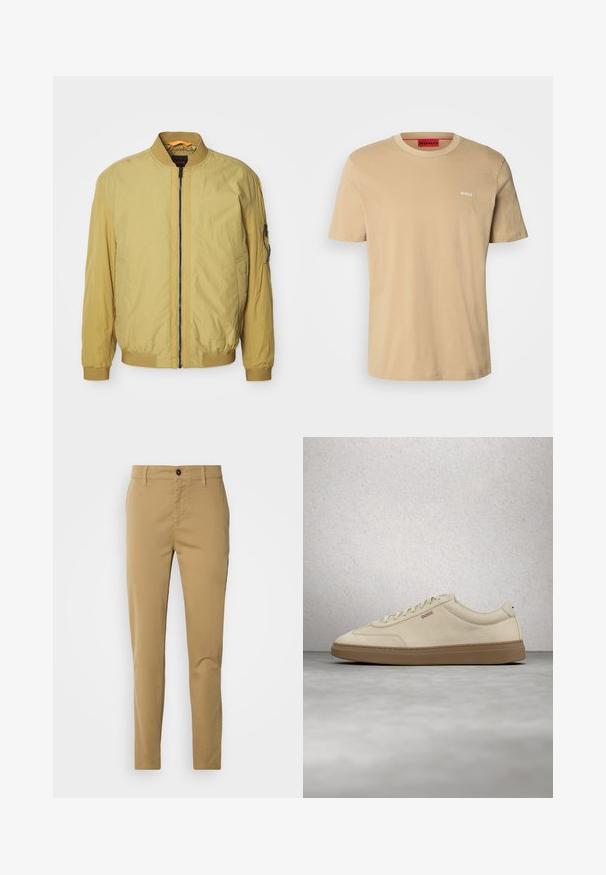 Keltainen pommijakku, jossa on vetoketjusulku, ribattu kaulus ja hihansuuhät, sivutaskut sekä lisätasku hihassa. Sileä pinta.; Beige t-paita, jossa on pyöreä kaula-aukko, lyhyet hihat ja pieni valkoinen "HUGO" -logo rinnassa. Tasainen rakenne ilman kuvioita.; Khaki-housut, jotka on valmistettu puuvillasta. Slim fit -malli, jossa on sileä rakenne, etutaskut ja yksi nappikiinnitys vyötäröllä.; Vaaleanbeige mokkanahkainen tennari kumipohjalla, näyttävillä nauhoilla ja hillityillä ompeluilla. Siisti muotoilu minimalistisella estetiikalla.