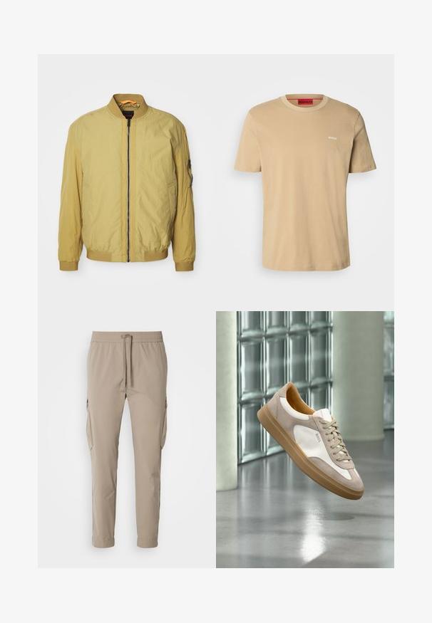 Chaqueta bomber amarilla con cierre de cremallera, cuello y puños acanalados, bolsillos laterales y un bolsillo adicional en la manga. Textura suave.; Camiseta de algodón beige con cuello redondo, mangas cortas y un pequeño logo blanco "HUGO" en el pecho. Textura suave sin patrones.; Pantalones cargo beige con cintura elástica y cordón. Presenta bolsillos laterales y un diseño de pierna ajustada, fabricados en tela ligera.; Zapatilla beige y blanca con suela marrón claro y logo "BOSS", suspendida sobre un suelo liso y reflectante con pared de bloques de vidrio al fondo.