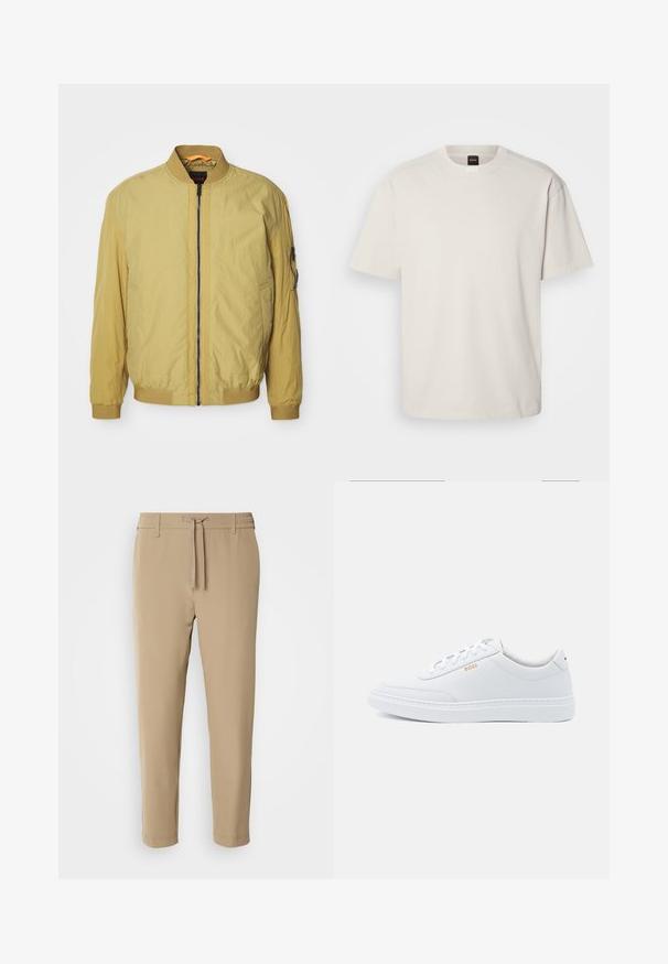 Veste aviateur jaune avec fermeture éclair, col et poignets côtelés, poches latérales et une poche supplémentaire sur la manche. Texture lisse.; T-shirt à manches courtes et col rond en coton blanc cassé, présentant une coupe droite et un marquage minimal sur le col. Texture douce, sans motifs.; Pantalons beiges fuselés avec une taille élastique et un cordon de serrage. Tissu lisse avec un design épuré et sans motifs ni accessoires visibles.; Baskets blanches en cuir avec une texture lisse, bout rond et coutures tonales. Possède des lacets bleus et un logo doré sur le côté.