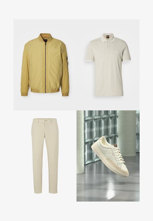 Veste aviateur jaune avec fermeture éclair, col et poignets côtelés, poches latérales et une poche supplémentaire sur la manche. Texture lisse.; Polo beige clair en coton. Présente un col classique, une patte à deux boutons et des poignets blancs contrastants. Comprend un écusson logo.; Pantalons beige ajustés avec fermeture éclair, bouton unique et passants de ceinture. Tissu lisse avec une coupe droite et sans motifs visibles.; Sneaker blanc à tige basse avec des accents beiges et des lacets, de la marque « BOSS », flottant au-dessus d’un sol poli avec un mur en blocs de verre en arrière-plan.