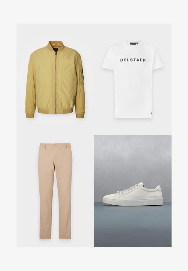 Gelbe Bomberjacke mit Reißverschluss, geripptem Kragen und Bündchen, Seitentaschen und einer zusätzlichen Tasche am Ärmel. Glatte Textur.; Weißes Baumwoll-T-Shirt mit einem schwarzen "BELSTAFF"-Logo auf der Vorderseite. Klassischer Rundhalsausschnitt und kurze Ärmel mit einem kleinen Logodetail am Saum.; Beige Baumwollhosen mit geradem Bein, ausgestattet mit einem vorderen Knopfverschluss, seitlichen Taschen und subtilen Texturdetails.; Weißes Leder-Sneaker mit abgerundetem Zehenbereich, minimalistisches Design, graue Schnürsenkel und einer strukturierten grauen Gummisohle. Dezente Nähte sichtbar.