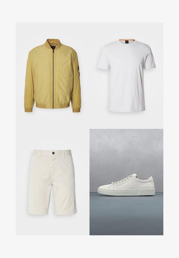 Chaqueta bomber amarilla con cierre de cremallera, cuello y puños acanalados, bolsillos laterales y un bolsillo adicional en la manga. Textura suave.; Camiseta de manga corta blanca hecha de suave algodón, con un cuello redondo y un sutil detalle de logo en blanco a juego en la parte delantera.; Shorts de color beige claro fabricados en algodón, con cierre de botón, bolsillos delanteros y dobladillo cosido. Textura suave con un diseño casual.; Zapatilla blanca de cuero con punta redondeada, diseño minimalista, cordones grises y suela de goma texturizada gris. Detalles de costura sutiles visibles.
