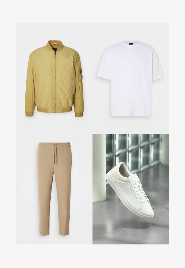 Kollane pommijacket, millel on tõmblukk, soonikkoes krae ja mansetid, küljetaskud ning lisatasku varrukal. Sile tekstuur.; Valge puuvillane T-särk ümmarguse kaelusega, lühikeste varrukatega ja vabalt langeva lõikega. Omab tekstuuriga õmblusi õlgadel, et lisada detaili.; Beežid, kergelt kitsenevad püksid elastse vöökoha ja paelaotsaga. Sile kangas, puhta disainiga ja ilma nähtavate mustrite või riistvarata.; Valge madala säärega tennisejalanõu, millel on pitsiline konts ja küljetahvlil brändilogoga "BOSS", kujutatud hõljuvana sisetingimustes hallil läikival põrandal.