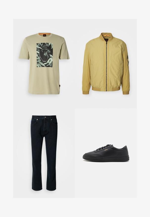 Chaqueta bomber amarilla con cierre de cremallera, cuello y puños acanalados, bolsillos laterales y un bolsillo adicional en la manga. Textura suave.; Camiseta verde oliva de algodón, con un gráfico de pantera negra rodeado de follaje. Logo de la marca presente en el diseño.; HUGO JONAH - Vaqueros rectos - dark blue; Zapatillas de cuero negro con una textura suave, punta redondeada, suela plana de goma y cordones a tono. Presentan el logotipo dorado "BOSS" en el lateral.