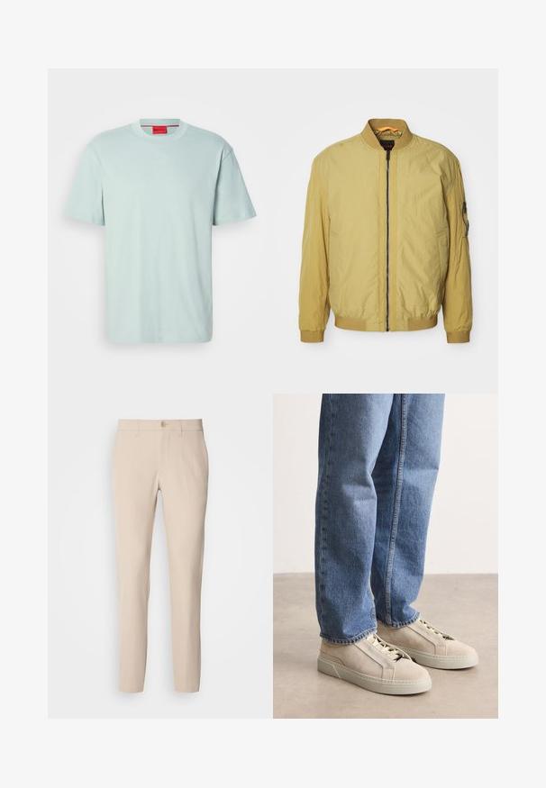 Geel bomberjack met een ritsluiting, ribbelkraag en -manchetten, zijzakken en een extra zak op de mouw. Soepele textuur.; Lichtgroene T-shirt van katoen; ronde halsontwerp, korte mouwen, met een subtiele HUGO-logo in een contrasterende kleur.; Beige broek van zachte stof, met knoopsluiting, rechte snit en zijzakken. Glad oppervlak met minimale stikdetails.; BOSS GARYTENN_SDHDEL - Sneakers laag - natural ten