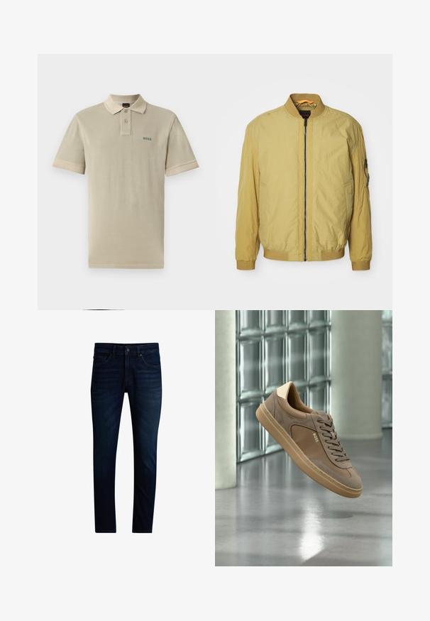 Chaqueta bomber amarilla con cierre de cremallera, cuello y puños acanalados, bolsillos laterales y un bolsillo adicional en la manga. Textura suave.; Camisa polo beige de algodón con un color de contraste en el cuello y los puños de las mangas. Presenta un logo verde de "BOSS" en el lado izquierdo del pecho.; Vaqueros azul oscuro de corte ajustado con cierre frontal de botón y cremallera, estilo de cinco bolsillos y ligero desgaste en los muslos.; Zapatilla deportiva beige casual con cordones y logo "BOSS" flotando sobre un suelo de hormigón pulido con fondo de pared de bloques de vidrio.