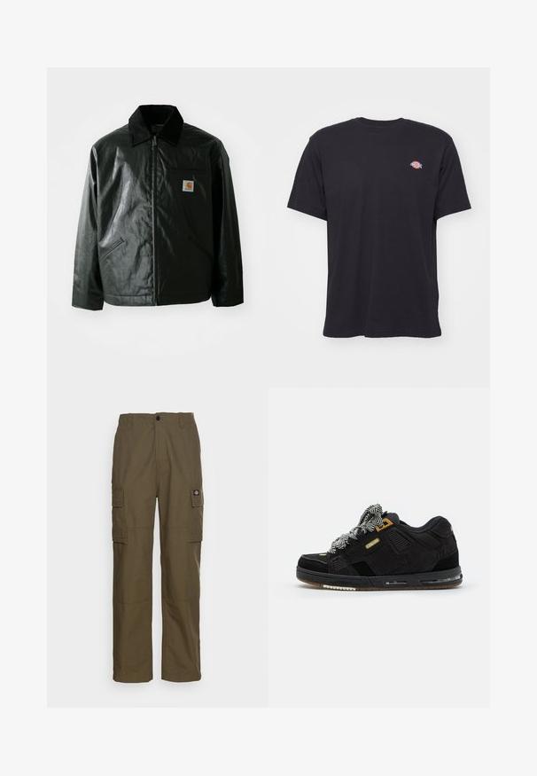 Chaqueta negra con cremallera hecha de un material liso y brillante. Presenta un cuello de pana, dos bolsillos frontales y un pequeño parche con el logo en el pecho.; Camiseta negra de manga corta y cuello redondo con un pequeño logo colorido de Dickies en el lado izquierdo del pecho sobre un fondo liso.; Pantalones cargo en verde oliva, hechos de un tejido resistente. Presenta dos bolsillos laterales, una cintura estándar y un diseño de pierna recta.; Globe SABRE - Zapatillas - black