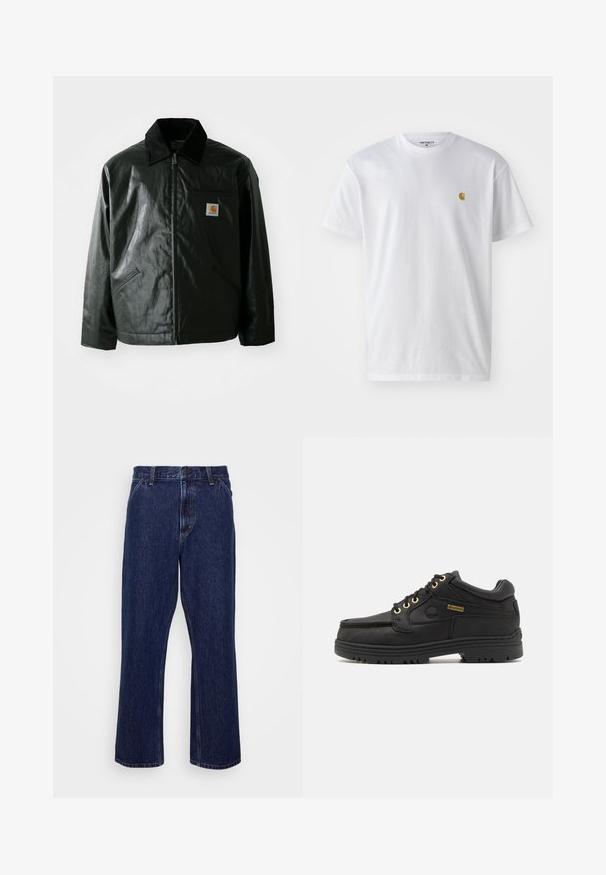 Chaqueta negra con cremallera hecha de un material liso y brillante. Presenta un cuello de pana, dos bolsillos frontales y un pequeño parche con el logo en el pecho.; Camiseta de algodón blanca con mangas cortas, cuello redondo, que presenta un pequeño logo dorado en la parte izquierda del pecho. Textura suave y corte regular.; Jeans de mezclilla azul oscuro con un diseño de pierna recta, que cuentan con un cierre de botón, estilo de cinco bolsillos y detalles de costura sutiles.; Zapato de cuero negro con cordones, cuello acolchado, suela gruesa, ojales dorados y etiqueta Gore-Tex en el lateral.