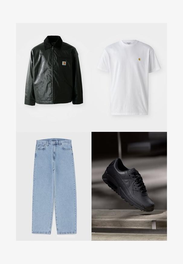 Chaqueta negra con cremallera hecha de un material liso y brillante. Presenta un cuello de pana, dos bolsillos frontales y un pequeño parche con el logo en el pecho.; Camiseta de algodón blanca con mangas cortas, cuello redondo, que presenta un pequeño logo dorado en la parte izquierda del pecho. Textura suave y corte regular.; Jean de mezclilla azul claro con diseño de pierna recta, con una cintura de altura media, cinco bolsillos y un cierre de botón y cremallera.; Zapatillas Nike Air Max negras con parte superior de cuero texturizado, suela de goma y un sistema de cordones prominente, que muestran un diseño elegante y moderno.