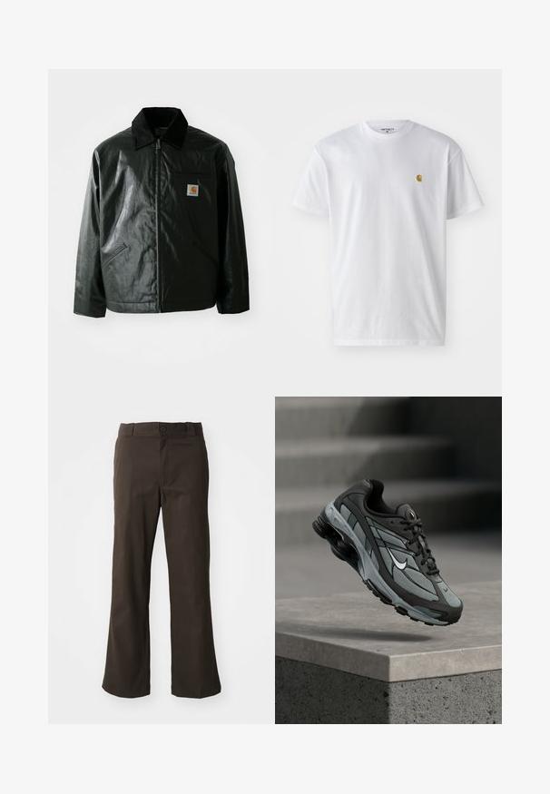 Chaqueta negra con cremallera hecha de un material liso y brillante. Presenta un cuello de pana, dos bolsillos frontales y un pequeño parche con el logo en el pecho.; Camiseta de algodón blanca con mangas cortas, cuello redondo, que presenta un pequeño logo dorado en la parte izquierda del pecho. Textura suave y corte regular.; Pantalones marrones acampanados con una textura suave, que cuentan con un cierre delantero con botón y bolsillos laterales. Diseño sencillo y recto.; Zapatilla deportiva gris y negra con paneles de malla y suela gruesa, posicionada en el aire sobre un saliente de hormigón con escaleras de fondo.