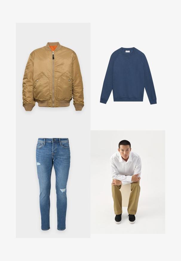 Tan bomber jacket, jossa on sileä satiiniviimeistely, ribattu hihansuut ja helma, kaksi etutaskua ja oranssi vuori. Varustettu vetoketjukiinnityksellä.; Pitkähihainen sininen crewneck-huppari raglan-hihoilla, ribbikäänteillä ja helmalla, sekä pieni ommeltu "X"-yksityiskohta kaulan alla.; Haalarisin vaaleat siniset farkut, joissa on kapea malli. Farkuissa on kuluneet kohdat polvissa, nappisulku ja viisi taskua.; Nuori mies valkoisessa raidallisessa paidassa ja khakinvärisissä housuissa istuu eteenpäin nojaten jakkaralla, kädet ristissä, katsoo suoraan eteen valkoisella taustalla.