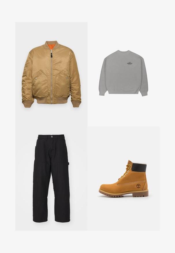 Tan bomber jacket, jossa on sileä satiiniviimeistely, ribattu hihansuut ja helma, kaksi etutaskua ja oranssi vuori. Varustettu vetoketjukiinnityksellä.; Vaaleanharmaa collegepaita pyöreällä pääntiellä, pitkät hihat ja resorireunukset. Rintakehässä on pieni musta teksti "PROHIBITED".; Mustat cargo-housut suoran leikkauksen kanssa, joissa on useita taskuja ja nappisuljenta. Valmistettu kestävästä puuvillakankaasta, jossa on näkyviä ompeleita.; Ruske nahkasaapad ankle-moodi, metallist silmadega, valge karvase voodriga, musta pehmendusega kaeluse ja läbilöökide tald. Kotiriide logo on küljes.