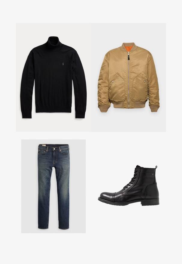 Beige Bomberjacke mit glatten Satinfinish, gerippten Bündchen und Saum, zwei vorderen Taschen und einem orangefarbenen Futter. Verfügt über einen Reißverschluss.; Schwarzer Langarm-Rollkragenpullover mit gerippten Bündchen und Saum, mit kleinem gesticktem Logo auf der linken Brust.; Dunkelblaue Jeans aus Denim mit geradem Bein, fünf Taschen, sichtbarem Nähten und einem ausgebleichten Effekt an den Oberschenkeln. Metallischer Knopfverschluss.; Schwarze Leder-Stiefeletten mit runder Zehenpartie, geschnürtem Vorderteil, strukturierten Akzenten und einem niedrigen, klobigen Absatz.