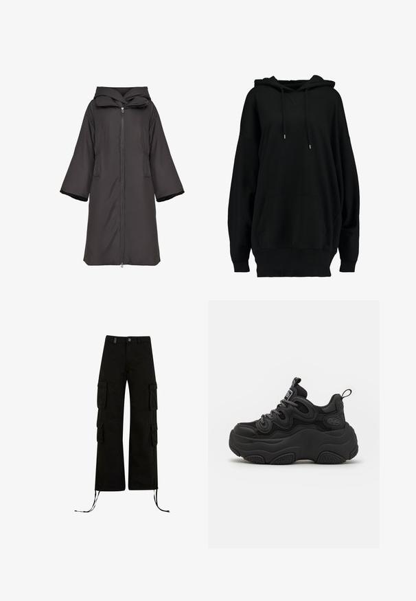 Polstret jakke i mørkegrå med hætte, lange ærmer, lynlås og sidelommer. Har en blød foring ved ærmeenderne.; Sort oversized hoodie lavet af blødt stof, der har en frontlomme, snøre i hætten, ribbede manchetter og et enkelt design.; Sorte cargo bukser med en afslappet pasform, der har cargolommer på siderne, snøre i kanten og en knaplukning i taljen.; Sorte sneakers med en chunky design, der har en tekstureret overdel, mesh-paneler og tyk gummisål. Reflekterende snørebånd og branddetaljer er synlige.