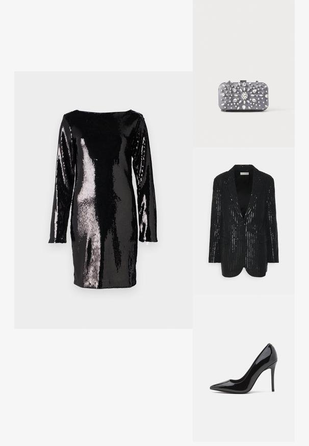 Čierny blazer s vertikálnymi pruhmi z flitrov, dvoma gombíkmi, klopovými límci, štruktúrovanými ramenami a prednými vreckami. Hladká textura s jemným leskom.; Dlhé čierne šaty pokryté veľkými flitrami, s loďkovým výstrihom a priliehavým strihom, odrážajúce svetlo v rôznych odtieňoch.; Čierne lakované kožené vysoké podpätky s špicatou špičkou a hladkým povrchom, s úzkym stiletto podpätkom. Bez viditeľných ozdôb.; Malé obdĺžnikové tmavosivé púzdro zdobené priehľadnými trblietavými kamienkami v žiariacom vzore a strieborným reťazovým remienkom.