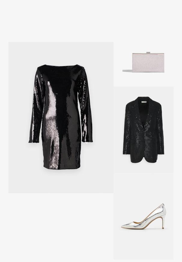 Čierny blazer s vertikálnymi pruhmi z flitrov, dvoma gombíkmi, klopovými límci, štruktúrovanými ramenami a prednými vreckami. Hladká textura s jemným leskom.; Dlhé čierne šaty pokryté veľkými flitrami, s loďkovým výstrihom a priliehavým strihom, odrážajúce svetlo v rôznych odtieňoch.; Strieborná metalická lodička s špicatou špičkou, hladkým povrchom, 4-palcovým opätkom a jemným prešívaným vzorom na povrchu.; Obdĺžniková strieborná trblietavá kabelka s kovovým rámom a zapínaním, vrhajúca tieň na bielom pozadí.