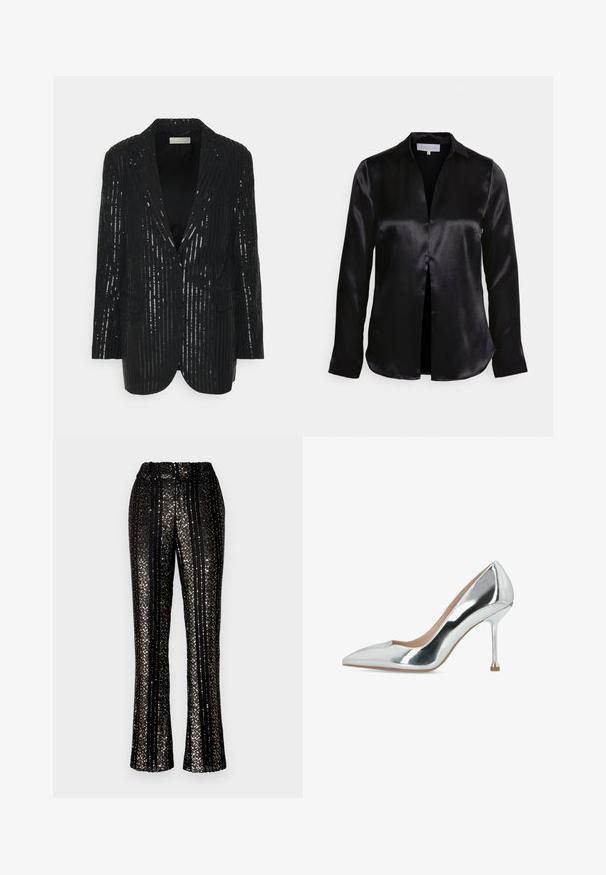 Sort blazer med vertikale pailetstriber, to knapper, reverskrave, strukturerede skuldre og forlommer. Glat tekstur med let glans.; STUDIO ID ALYSSA - Bluse - black; Sorte palietterede bukser med lodrette striber, elastisk talje og flared ben med skinnende accenter over hele overfladen.; Sølvmetallic pumps med spids tå og høje hæle, en slank stilet-hæl og en glat, skinnende finish.
