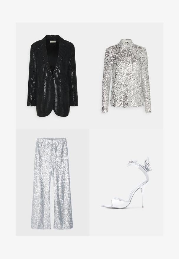 Must küllane bleiser, vertikaalsete sequin ribadega, kahe nupuga, notch-lapelsidega, struktureeritud õlgadega ja esikottidega. Sile tekstuur kerge läikega.; Hõbedane paljettidega pika varrukaga top, millel on vormitud disain, kõrge kaelus ja tekstuuriline muster, millel on ühtlane paljettide jaotus kogu materjali ulatuses.; Hõbedased sädelevad laiad püksid, millel on elastne vöökoht. Omab läiklevaid tekstuure ja laia säärepikkust.; Hõbedased kõrge kontsaga sandaalid, millel on pahkluu rihm ja küljes dekoratiivne liblikas.