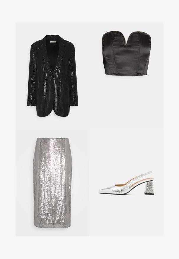 Sort blazer med vertikale pailetstriber, to knapper, reverskrave, strukturerede skuldre og forlommer. Glat tekstur med let glans.; Vero Moda VMSALLY CROPPED SIMILI CORSAGE - Top - black; Sølvfarvet pailletblyantskørter med en tætsiddende silhuet, der har en glat tekstur og en glitrende overflade, som reflekterer lys.; Sølv slingback stiletto med spids tå, teksturelt metallic finish og en triangulær blokhæle. Indersiden har brune læderdetaljer.