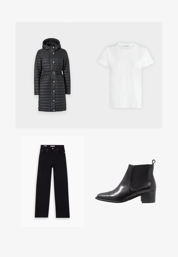 Manteau matelassé noir avec capuche, taille ceinturée, boutons-pression et motif matelassé vertical pour l'isolation. Fini lisse et brillant.; T-shirt blanc uni à manches courtes et col rond, posé à plat sur un fond gris clair, montrant le devant avec l'étiquette à l'intérieur du col.; Jean en denim noir avec une coupe droite, cinq poches, matériel en cuivre et texture lisse. Deux étiquettes visibles sur la taille.; Botte de cheville en cuir noir avec des panneaux élastiques sur les côtés, bout rond et talon en bloc texturé. Dispose d'une languette en boucle à l'arrière pour un enfilage facile.